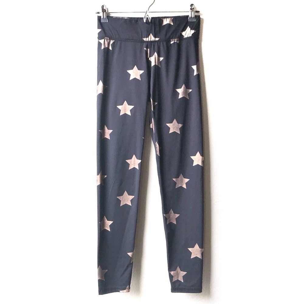 Terez Black Gold Star Foil Printed Tall Band Leggings Sz M - Picture 3 of 13